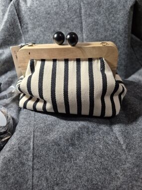 Zara Black and Cream Striped Wooden Frame Clutch